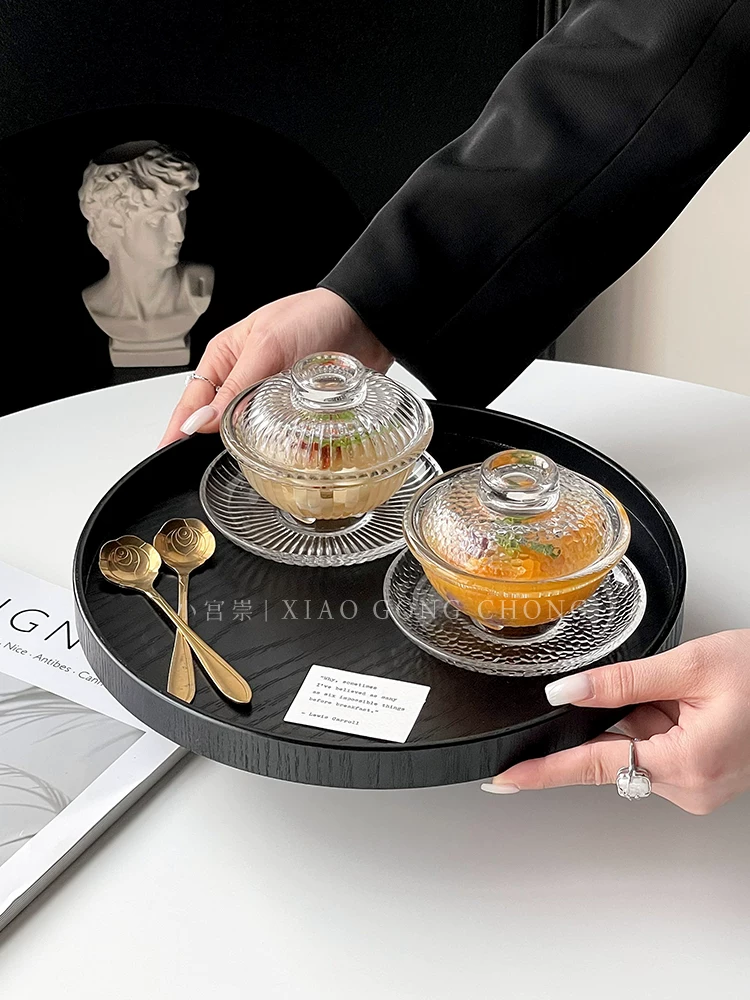 Cốc tổ chim có nắp, bát thủy tinh, bộ bát đĩa tráng miệng tinh tế kiểu Trung Hoa, bát súp nước đường nấm trắng chịu nhiệt gia dụng