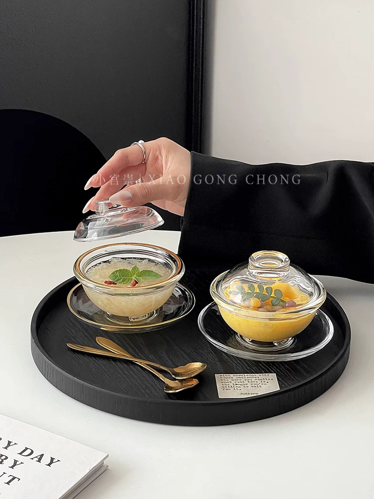 Bát tổ chim phong cách Ins có nắp, bát thủy tinh viền vàng, bộ bát đĩa kiểu Trung Hoa, bát đựng nước đường gia dụng, bộ đồ ăn