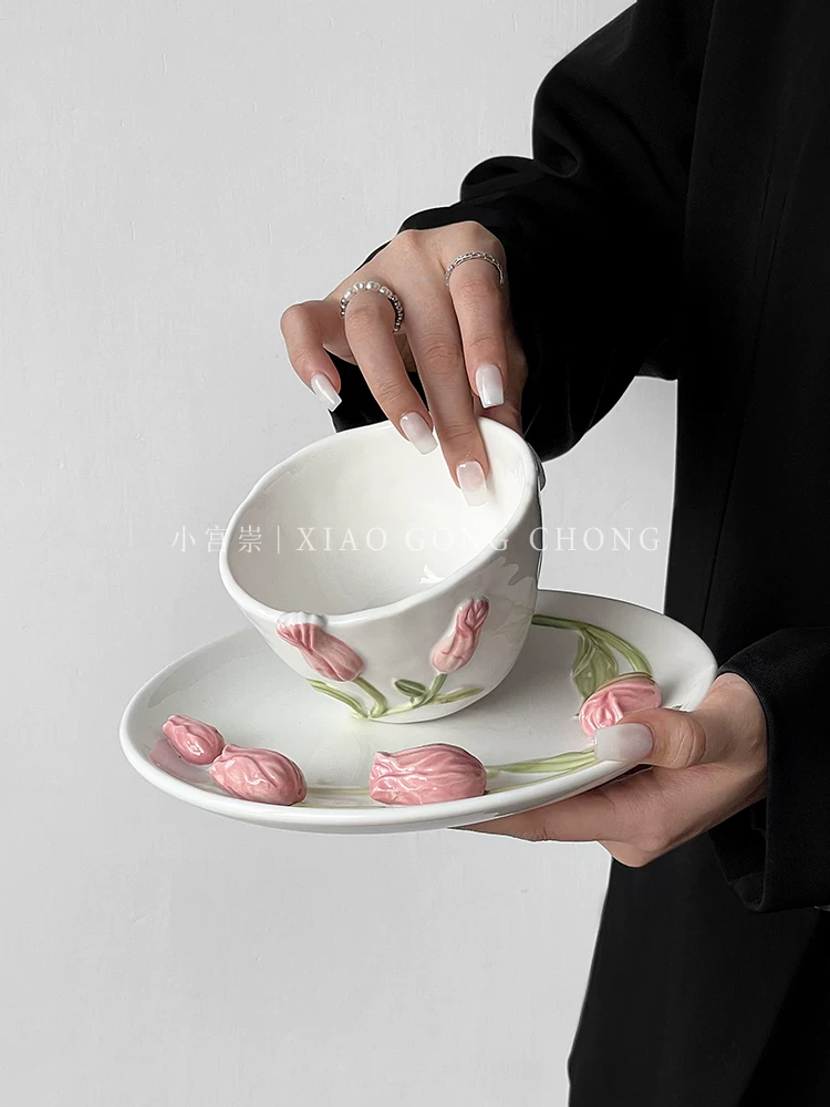 Bộ tách trà cà phê hoa tulip nổi 3D phong cách Pháp, tách và đĩa độc đáo, thiết kế độc lạ, tách kiểu nữ tính.