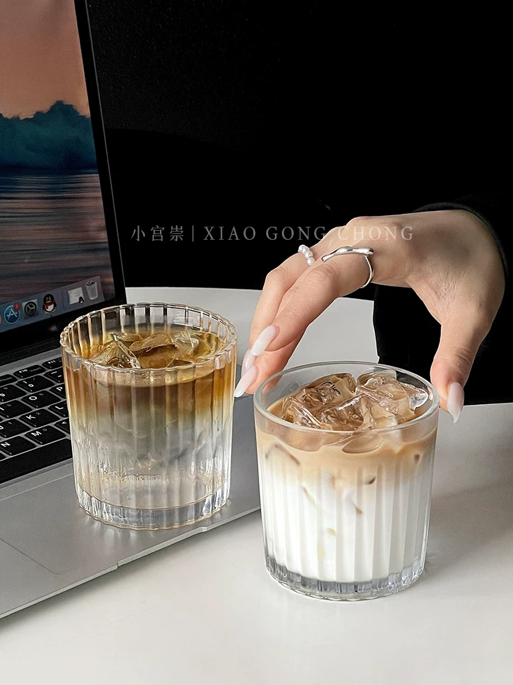 cốc cà phê đá latte kiểu Mỹ cổ điển phong cách ins cốc thủy tinh sọc cốc uống nước lạnh cốc nước trái cây cốc rượu whisky