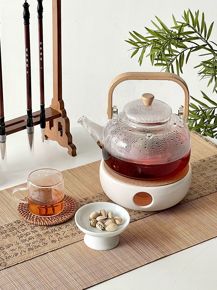 Ấm trà thủy tinh, ấm trà gia dụng chịu nhiệt cao kiểu Trung Quốc có tay cầm, bộ tách trà, bình giữ ấm trà, bộ trà hoa giữ sức khỏe, pha trà quanh bếp.