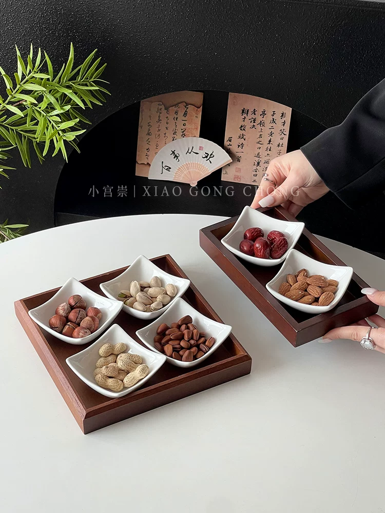 Đĩa đựng trái cây khô bằng gốm sứ kiểu Trung Quốc, đĩa đựng đồ ăn nhẹ trà, đĩa đựng trái cây gia dụng, đĩa đựng kẹo ăn nhẹ sáng tạo, khay đựng đồ ăn nhẹ, đĩa chia ngăn