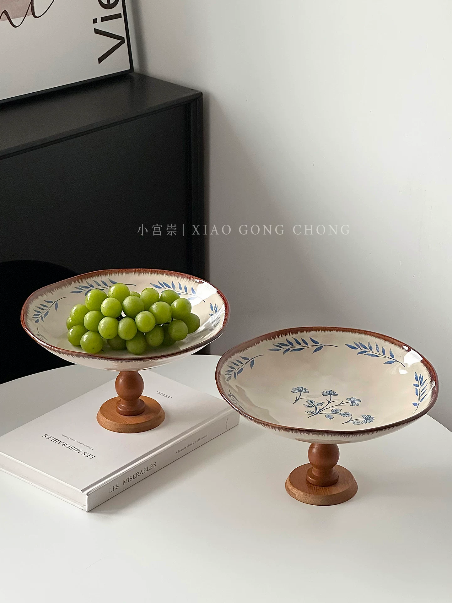 Đĩa trái cây gỗ kiểu trung cổ chân cao dùng trong nhà, khay gốm, đĩa trái cây khô, đĩa ăn vặt, đĩa bánh ngọt