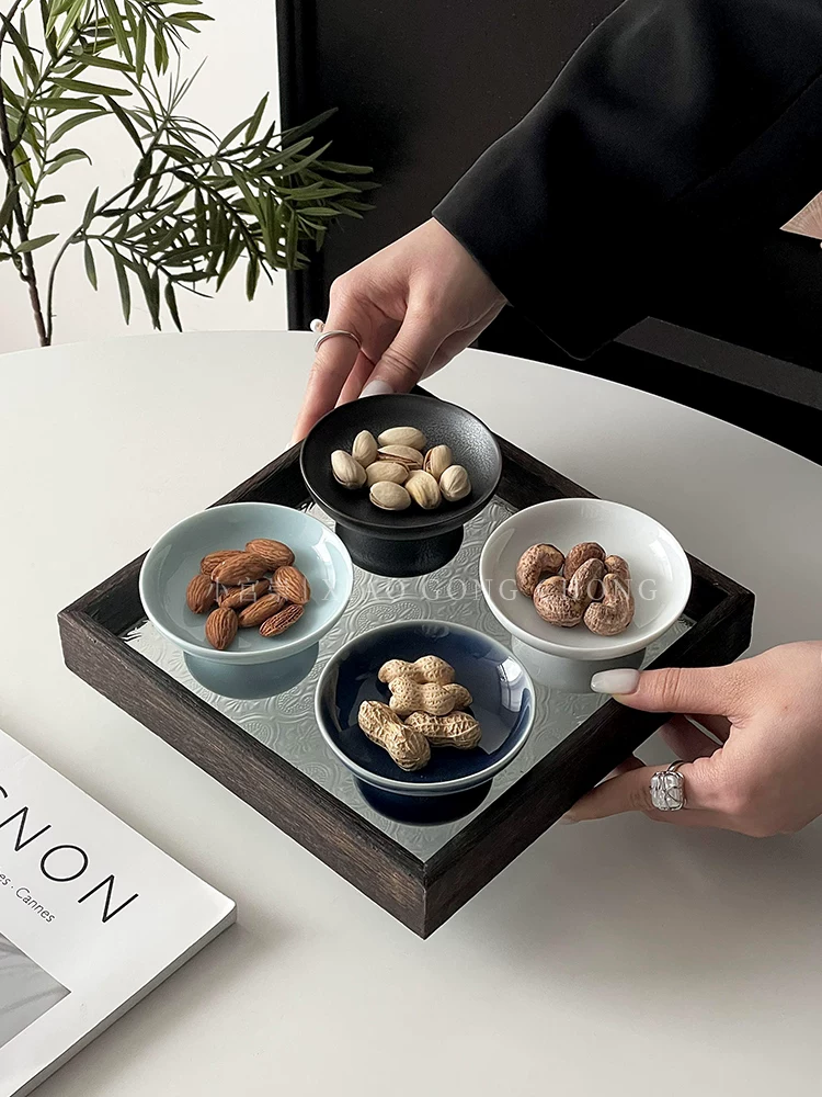 Bộ đĩa đựng trái cây khô bằng gốm sứ kiểu cổ điển Trung Quốc, đĩa đựng đồ ăn nhẹ trà tinh tế gia dụng, đĩa bánh ngọt, đĩa cao, đĩa trái cây, đĩa nhỏ