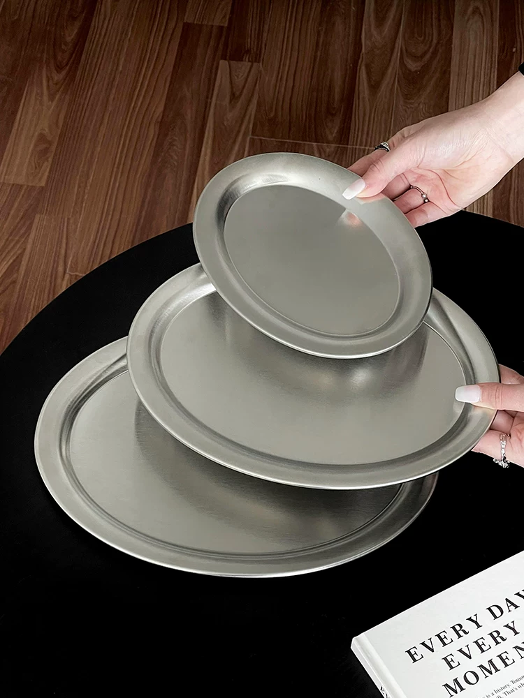 Đĩa ăn hình oval bằng thép không gỉ phong cách Ins, khay đựng đồ ăn sáng tạo phong cách công nghiệp, đĩa bánh ngọt dùng cho bữa trà chiều tại quán cà phê
