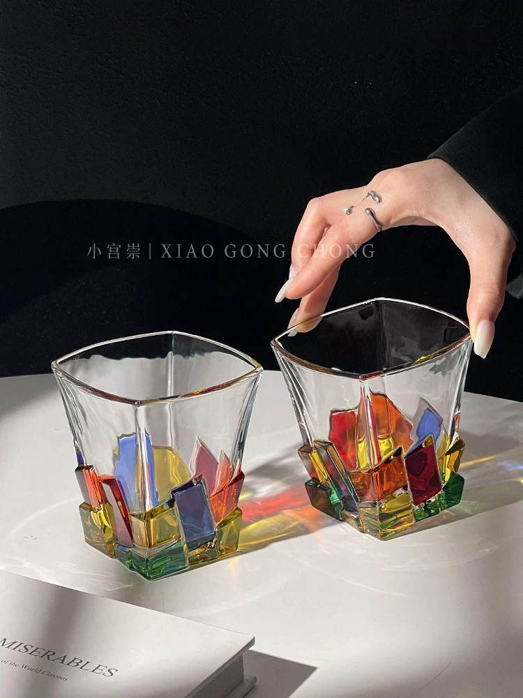 Ly nước đá hình khối vẽ phong cách Ins, ly rượu whisky vẽ tay độc đáo, ly uống nước, ly đồ uống tạo không khí