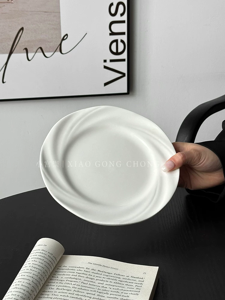 Đĩa bánh gốm sứ trắng tinh khiết phong cách Ins, đĩa tráng miệng cao cấp, đĩa trái cây ăn nhẹ gia đình, đĩa nông dùng cho trà chiều, bộ đồ ăn