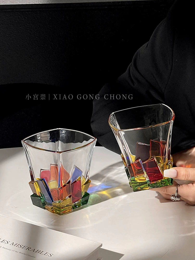 Ly nước đá hình khối vẽ phong cách Ins, ly rượu whisky vẽ tay độc đáo, ly uống nước, ly đồ uống tạo không khí