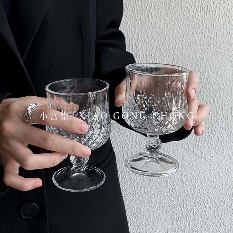 Ly thủy tinh khắc hoa văn kim cương, phong cách cổ điển cao cấp, ly uống rượu trái cây ngọt ngào, ly cocktail, ly rượu vang đỏ cao