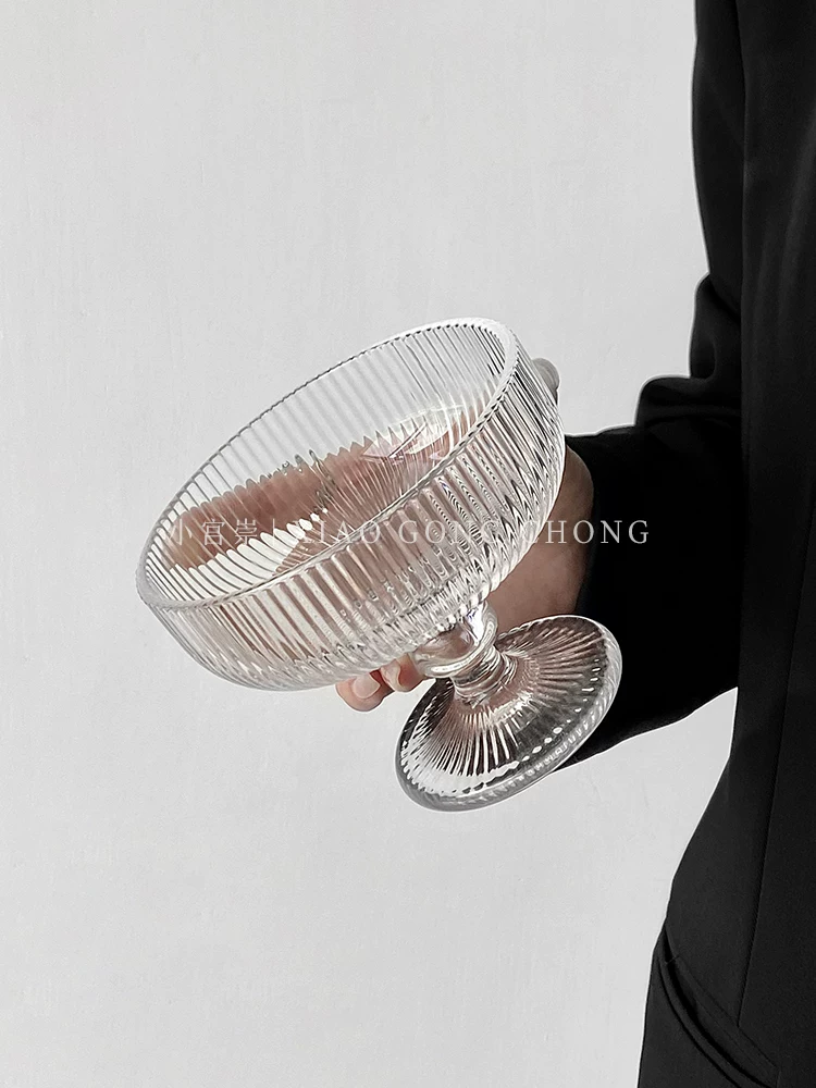Ly thủy tinh cao chân, sọc dọc, kiểu retro, dùng làm ly kem, ly tráng miệng, ly sữa chua, bát đựng đồ ăn nhẹ