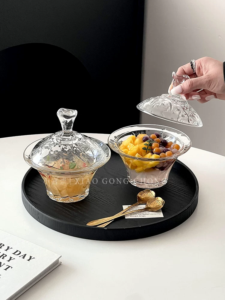 Bát tổ chim kiểu Âu có nắp, bát tráng miệng dùng trong gia đình, bộ bát và thìa nước đường nấm trắng cao cấp, bộ đồ ăn bằng thủy tinh sáng tạo