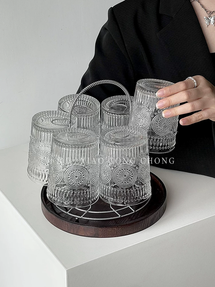 Bộ cốc thủy tinh hướng dương, giá trị thẩm mỹ cao, cốc uống nước dập nổi theo phong cách cổ điển, cốc tiếp khách gia đình, cốc cà phê phòng khách