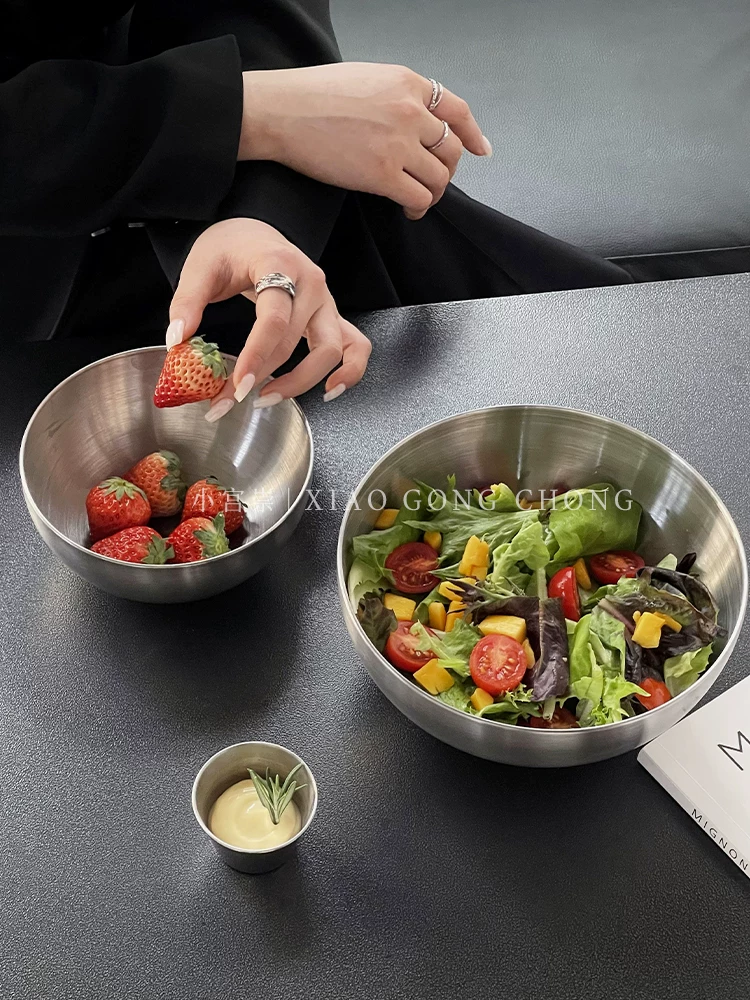 Bát trái cây bằng thép không gỉ phong cách công nghiệp Hàn Quốc, bát salad, đồ dùng bằng kim loại gia dụng phong cách đơn giản, bát mì lạnh, bát cơm trộn