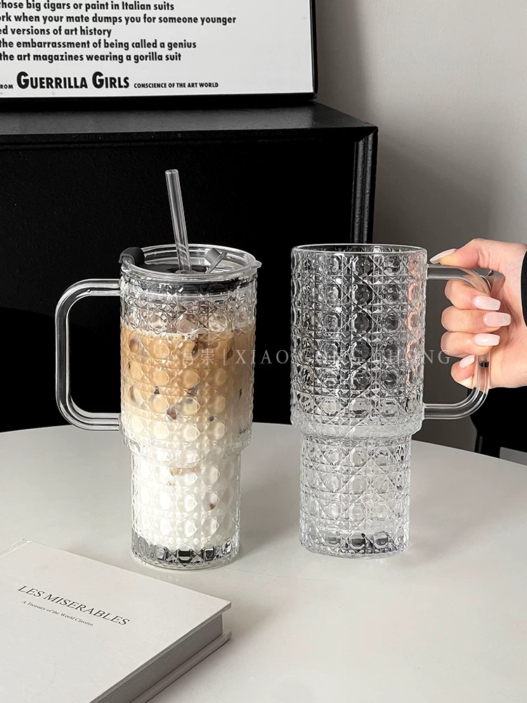 Cốc uống nước có dung tích lớn, cốc trà trái cây thủy tinh họa tiết kim cương sáng tạo, cốc latte đá kiểu ins, cốc nước ép, cốc nước uống lạnh