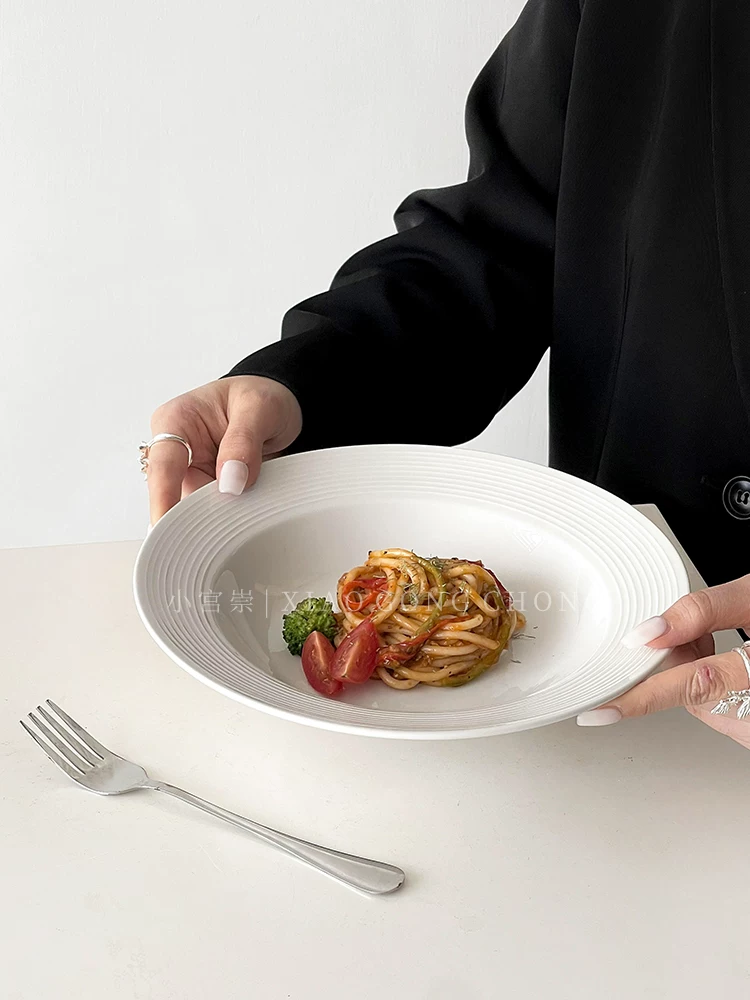 Đĩa mũ rơm kiểu INS, đĩa gốm sứ gia dụng dùng cho steak và mì Ý, đĩa salad trái cây cao cấp phong cách sang trọng nhẹ nhàng, đĩa tráng miệng.