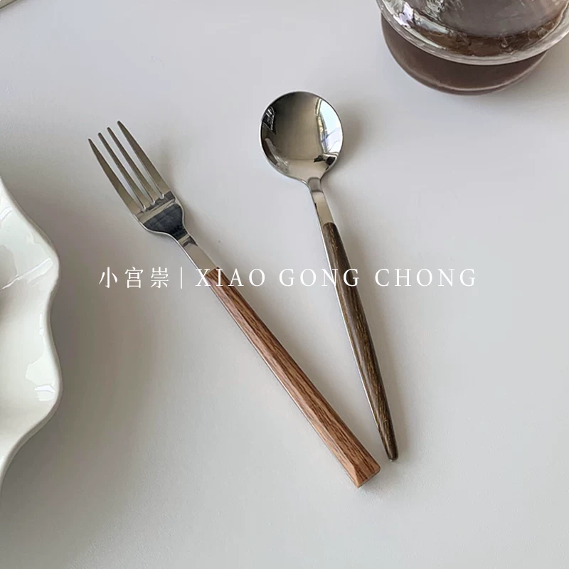 Dao dĩa kiểu Bắc Âu cổ điển, cán gỗ, thép không gỉ, bộ đồ ăn gia đình kiểu Tây, thìa súp, dao bít tết, thìa tráng miệng, dĩa