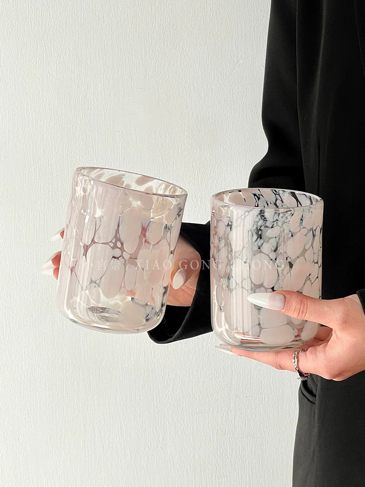 Ly thủy tinh màu hồng gợn sóng thiết kế độc đáo, ly nước chấm bi, ly cổ điển cao cấp, ly rượu, ly sữa nước ép.