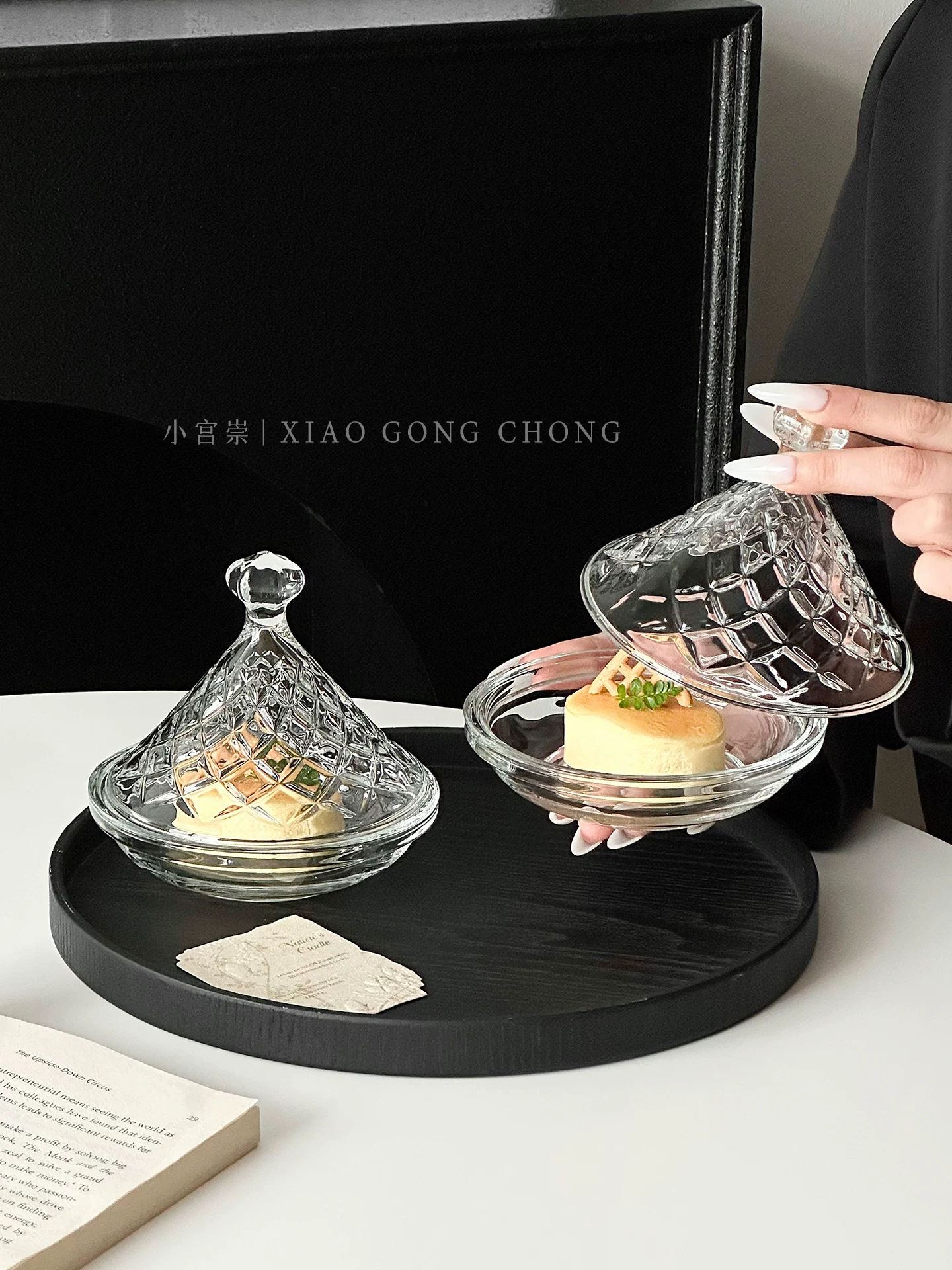 Đĩa tráng miệng thủy tinh sáng tạo có nắp, đĩa trưng bày bánh cao cấp, đĩa nếm bánh mì, bộ đĩa ăn nhẹ trà chiều