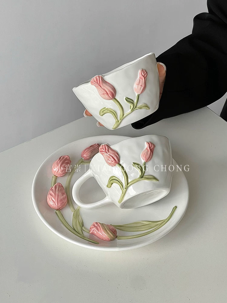 Bộ tách trà cà phê hoa tulip nổi 3D phong cách Pháp, tách và đĩa độc đáo, thiết kế độc lạ, tách kiểu nữ tính.
