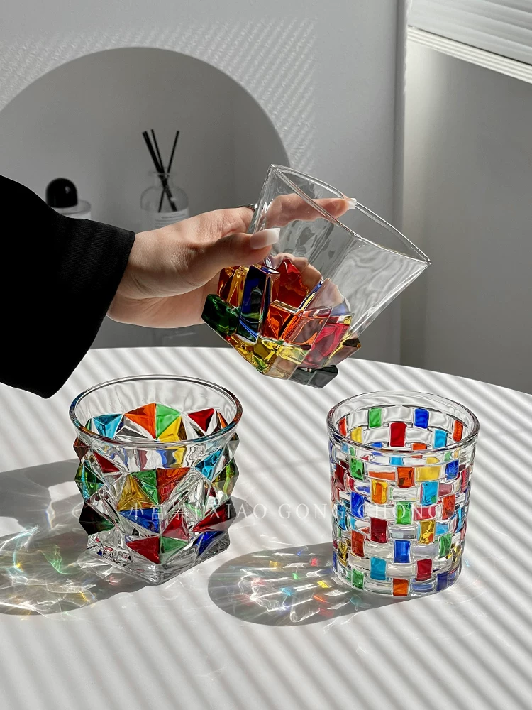 Blingbling cầu vồng khúc xạ ánh sáng cốc cổ điển ins niche cốc nước thủy tinh vẽ tay cốc nước cốc nước trái cây
