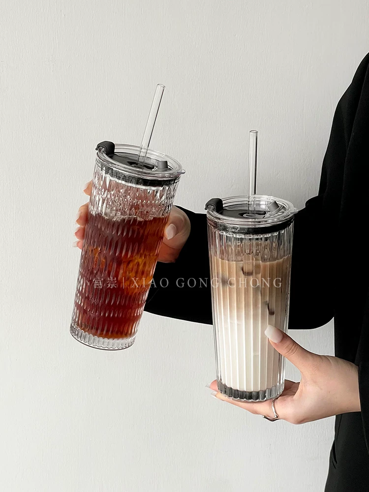 Cốc thủy tinh có ống hút dung tích lớn, cốc cà phê latte đá trong suốt cao cấp, cốc nước gia dụng có nắp dùng cho văn phòng