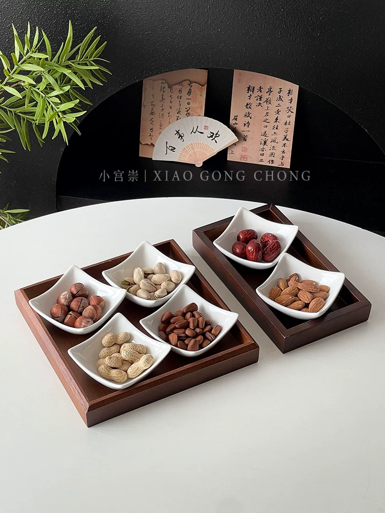 Đĩa đựng trái cây khô bằng gốm sứ kiểu Trung Quốc, đĩa đựng đồ ăn nhẹ trà, đĩa đựng trái cây gia dụng, đĩa đựng kẹo ăn nhẹ sáng tạo, khay đựng đồ ăn nhẹ, đĩa chia ngăn