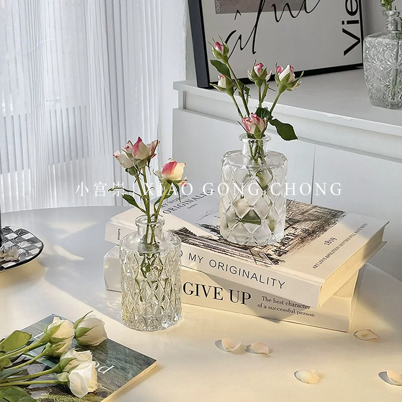 Bình thủy tinh nhỏ kiểu Pháp phong cách ins với họa tiết nổi cổ điển, đồ trang trí nhà cửa nhỏ xinh cho phòng khách, bình cắm hoa thủy canh.