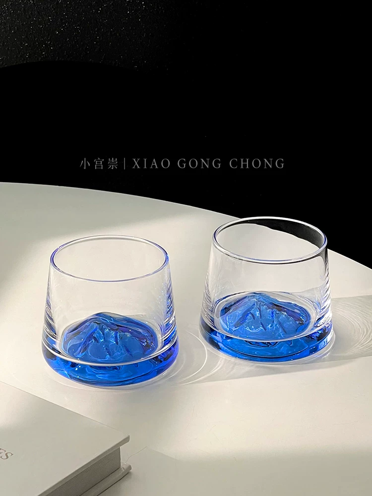 Ly núi Phú Sĩ màu xanh đậm phong cách Ins, ly thủy tinh cổ điển cao cấp nhìn ra núi, ly rượu whisky, ly rượu ngoại.