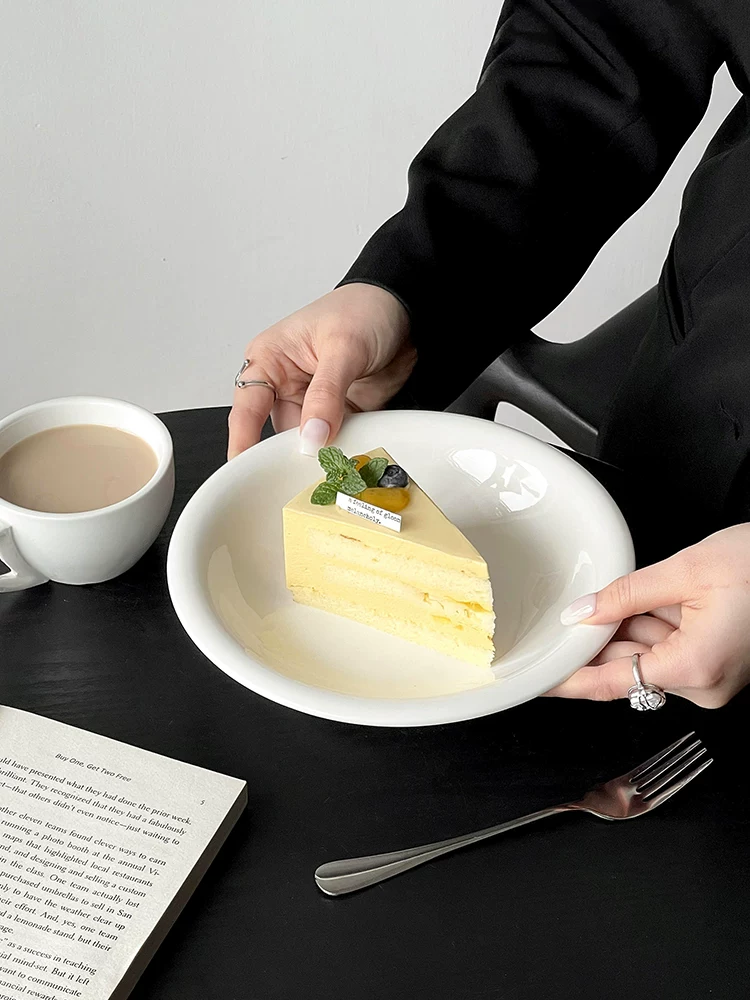 Đĩa sứ trắng kem kiểu Hàn Quốc, đĩa bánh tròn, đĩa tráng miệng, đĩa trái cây, đĩa salad