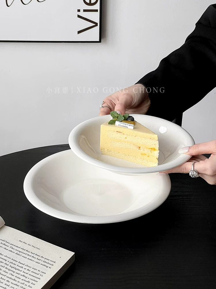 Đĩa sứ trắng kem kiểu Hàn Quốc, đĩa bánh tròn, đĩa tráng miệng, đĩa trái cây, đĩa salad