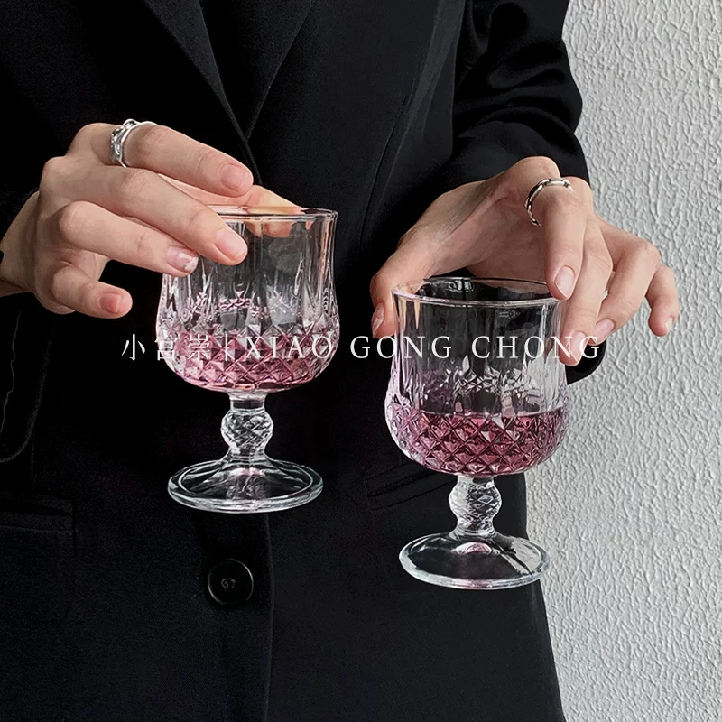 Ly thủy tinh khắc hoa văn kim cương, phong cách cổ điển cao cấp, ly uống rượu trái cây ngọt ngào, ly cocktail, ly rượu vang đỏ cao