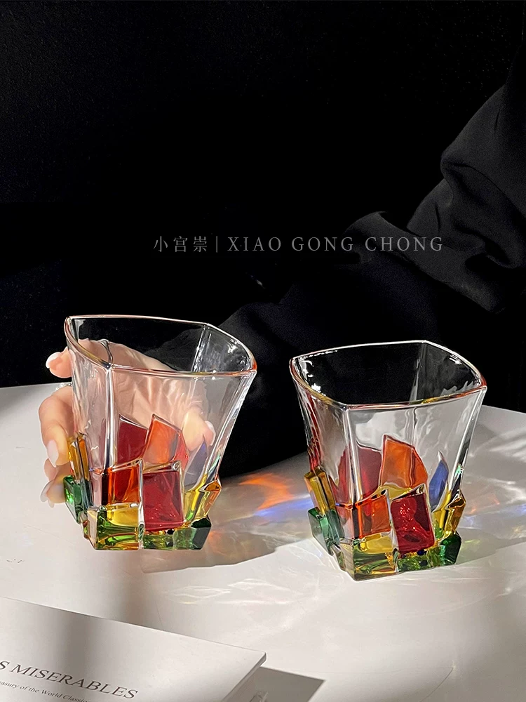 Ly nước đá hình khối vẽ phong cách Ins, ly rượu whisky vẽ tay độc đáo, ly uống nước, ly đồ uống tạo không khí