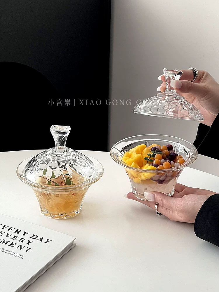 Bát tổ chim kiểu Âu có nắp, bát tráng miệng dùng trong gia đình, bộ bát và thìa nước đường nấm trắng cao cấp, bộ đồ ăn bằng thủy tinh sáng tạo