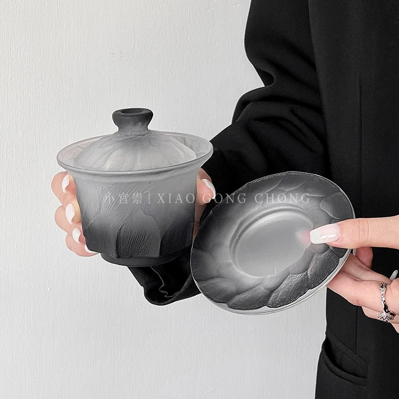 Bộ Gaiwan thủy tinh màu đen gradient cổ điển, phong cách cao cấp độc đáo, bộ trà gia dụng, tách trà Kung Fu phong cách Trung Hoa mới.
