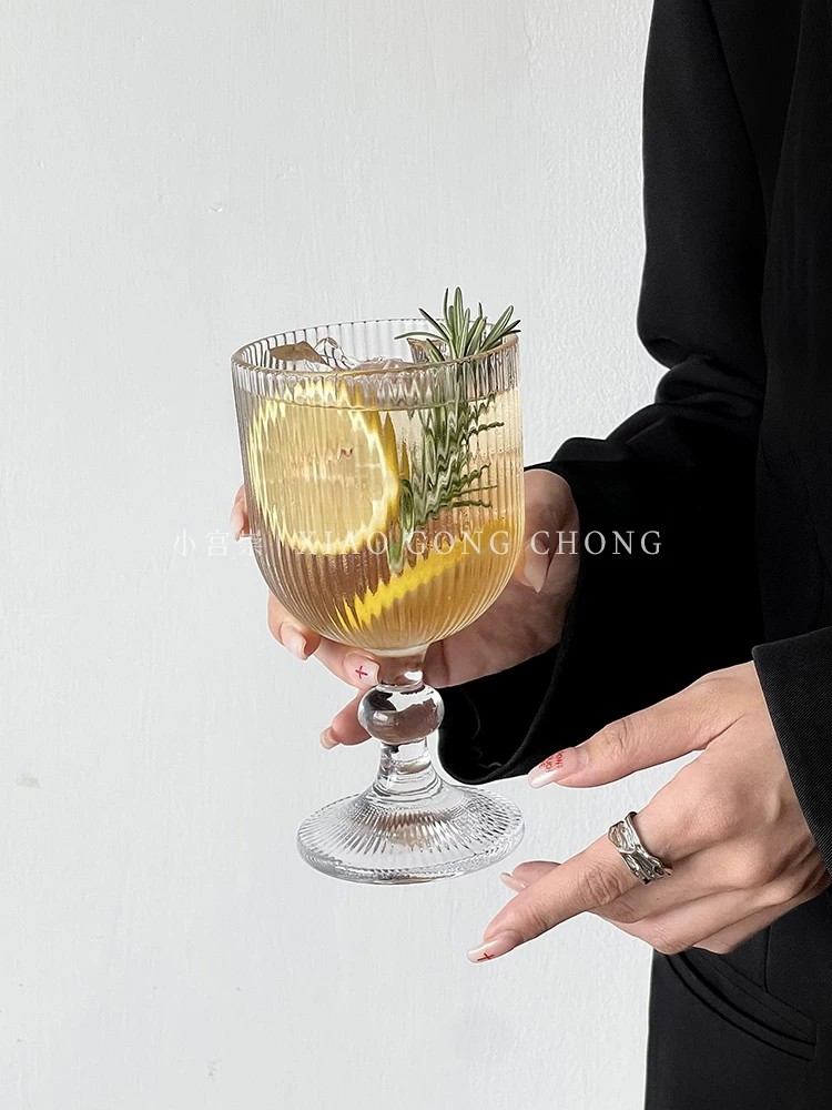 Ly thủy tinh cao chân, sọc dọc, kiểu retro, dùng làm ly kem, ly tráng miệng, ly sữa chua, bát đựng đồ ăn nhẹ
