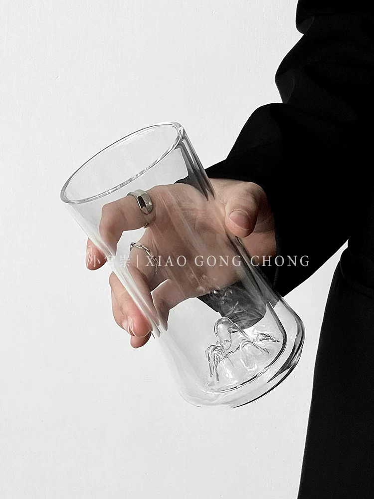 Cốc thủy tinh hình tảng băng trôi hai lớp trong suốt, cốc trà xanh chống bỏng, cốc trà thủy tinh borosilicate cao cấp, cốc dùng cá nhân, cốc pha trà.
