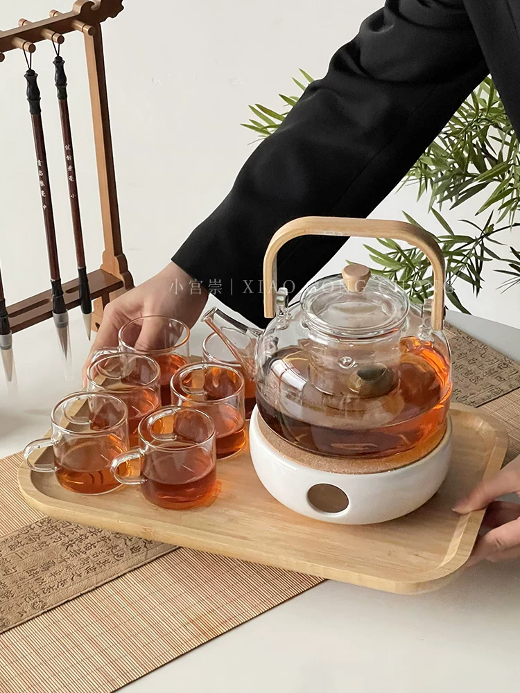 Ấm trà thủy tinh, ấm trà gia dụng chịu nhiệt cao kiểu Trung Quốc có tay cầm, bộ tách trà, bình giữ ấm trà, bộ trà hoa giữ sức khỏe, pha trà quanh bếp.