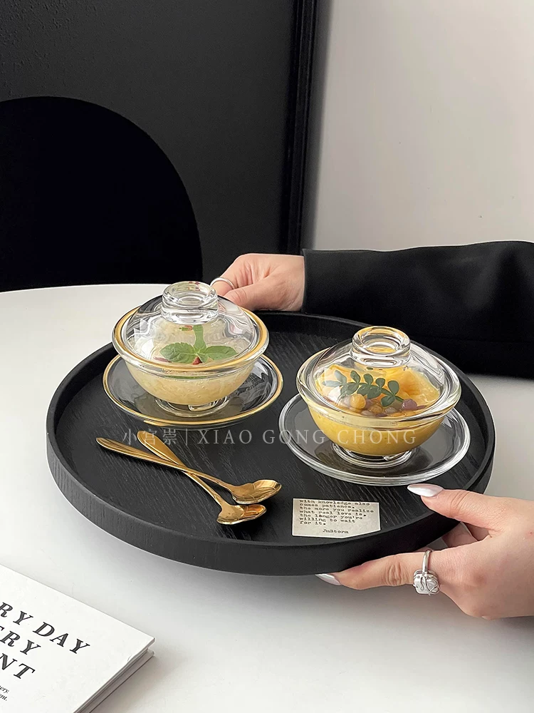 Bát tổ chim phong cách Ins có nắp, bát thủy tinh viền vàng, bộ bát đĩa kiểu Trung Hoa, bát đựng nước đường gia dụng, bộ đồ ăn