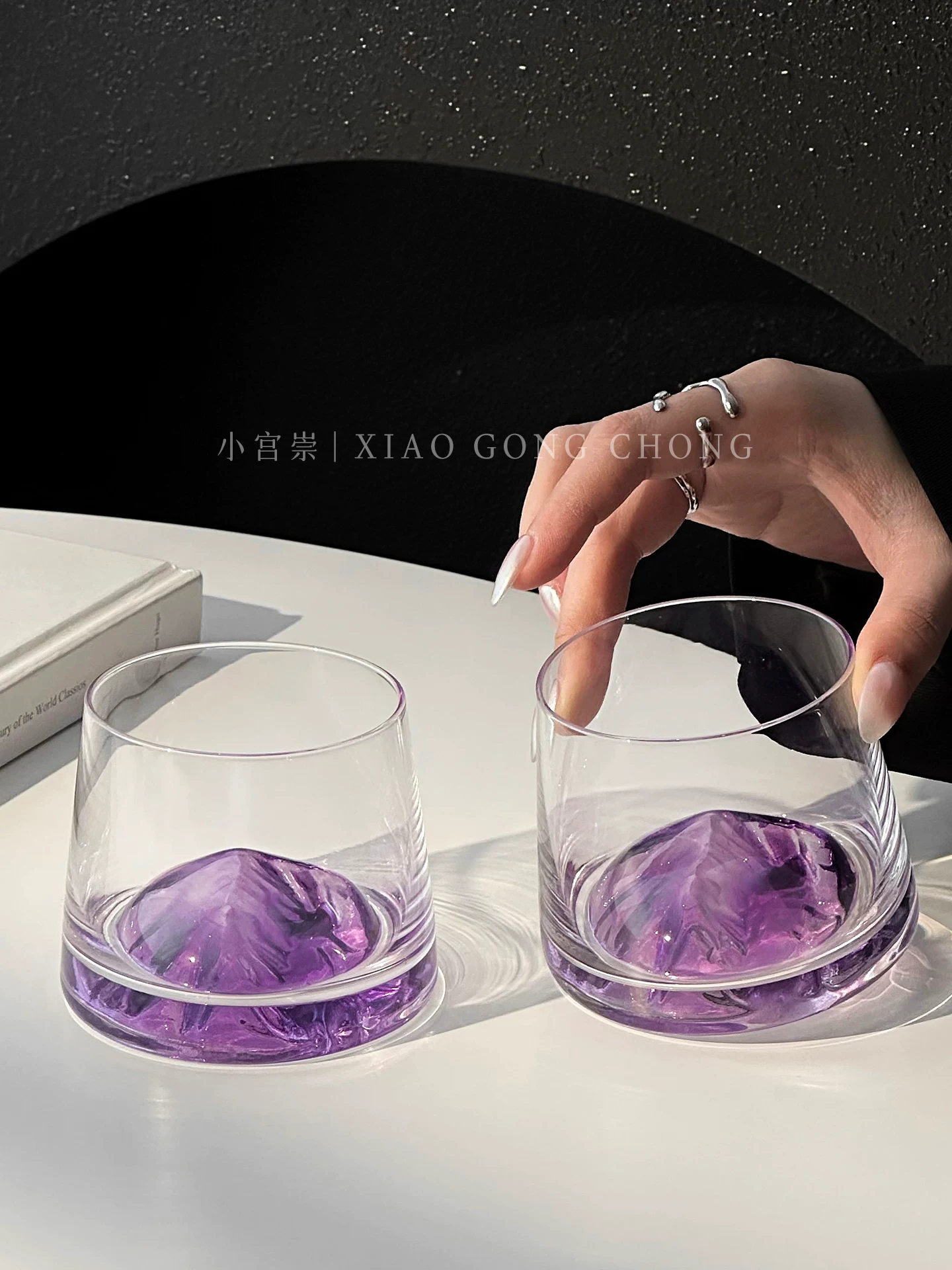 Ly núi Phú Sĩ màu tím cổ điển sáng tạo, ly thủy tinh cao cấp phong cách Instagram, ly rượu whisky, ly uống nước.