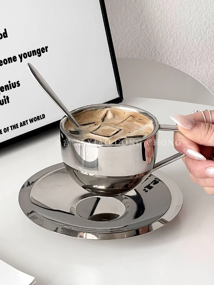 Bộ cốc và đĩa bằng thép không gỉ phong cách Instagram, cốc latte đá Mỹ, cốc nước gia dụng, cốc sữa uống trà chiều.