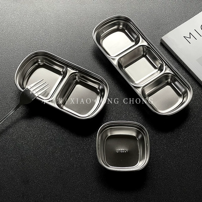 Đĩa chấm bằng thép không gỉ 304 kiểu INS kiểu Hàn Quốc có ngăn, đĩa đựng gia vị nướng, đĩa đựng món ăn kèm, đĩa đựng gia vị, bộ đồ ăn kiểu công nghiệp