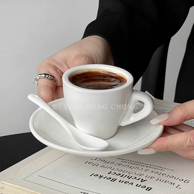 Tách cà phê espresso màu trắng, tách espresso nhỏ, tách cà phê kiểu châu Âu đơn giản, bộ tách và đĩa sứ, 80ml