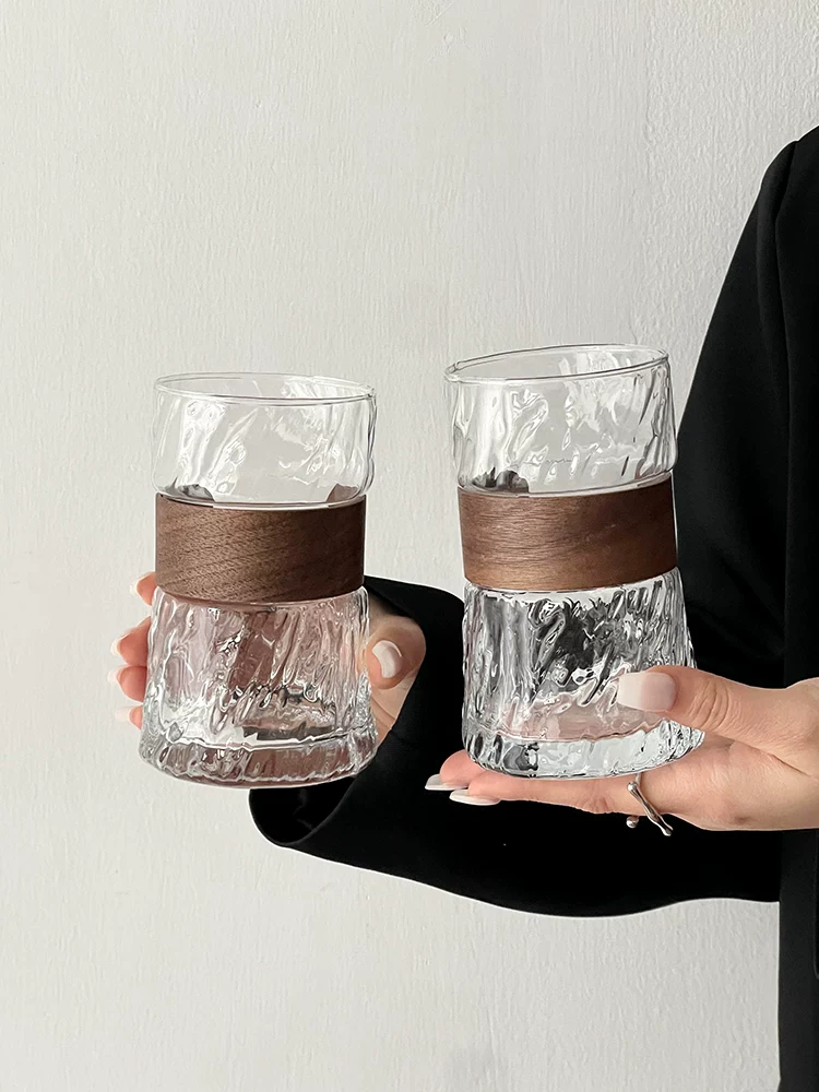 Ly cà phê treo tai phong cách Ins dùng trong nhà, chống bỏng, ly thủy tinh có vỏ tre cách nhiệt, ly latte đá kiểu cổ điển, ly trà.