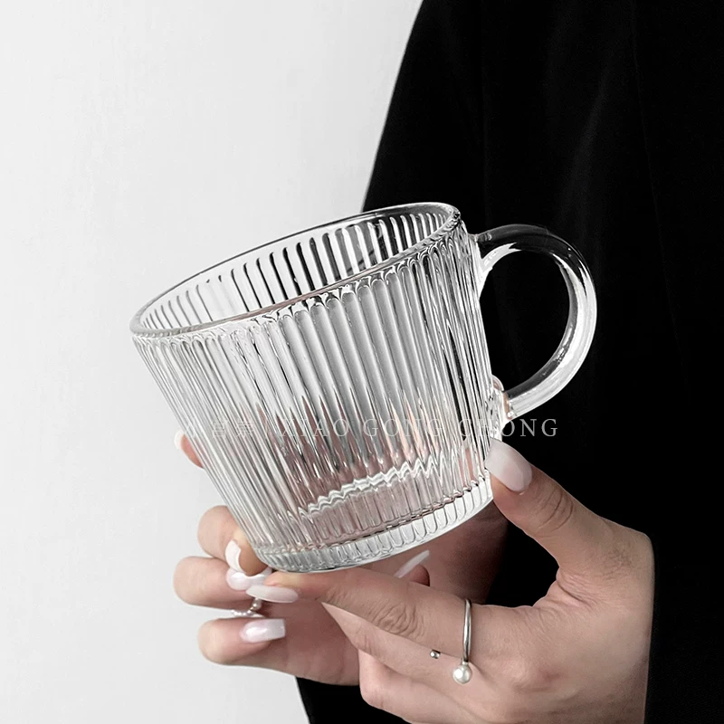 Ly sữa sọc đơn giản có tay cầm, ly cà phê đá retro phong cách ins, ly ăn sáng đựng cháo, ly nước ép, ly nước