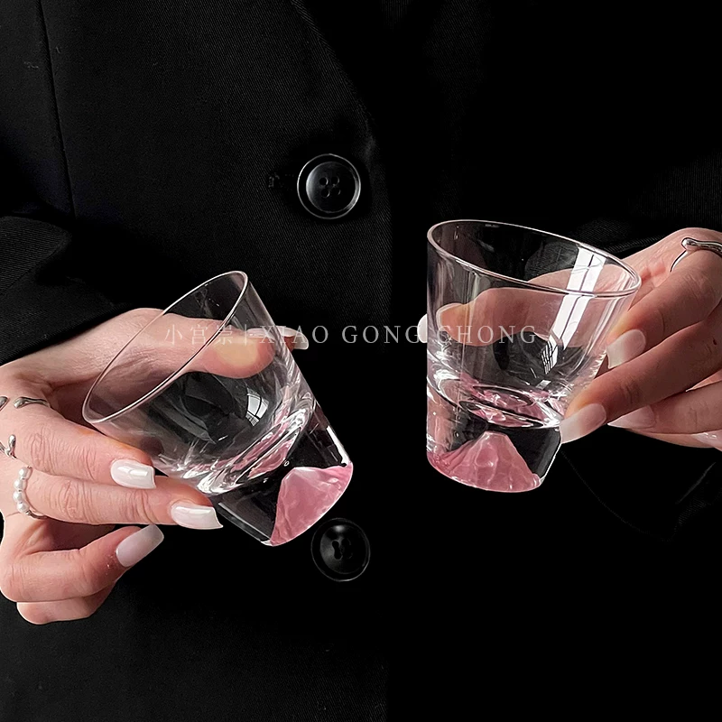 Cốc núi Phú Sĩ màu hồng, cốc trà gia đình nhỏ, cốc thủy tinh, cốc uống rượu đơn, cốc rượu trái cây, cốc rượu whisky thiết kế độc đáo.
