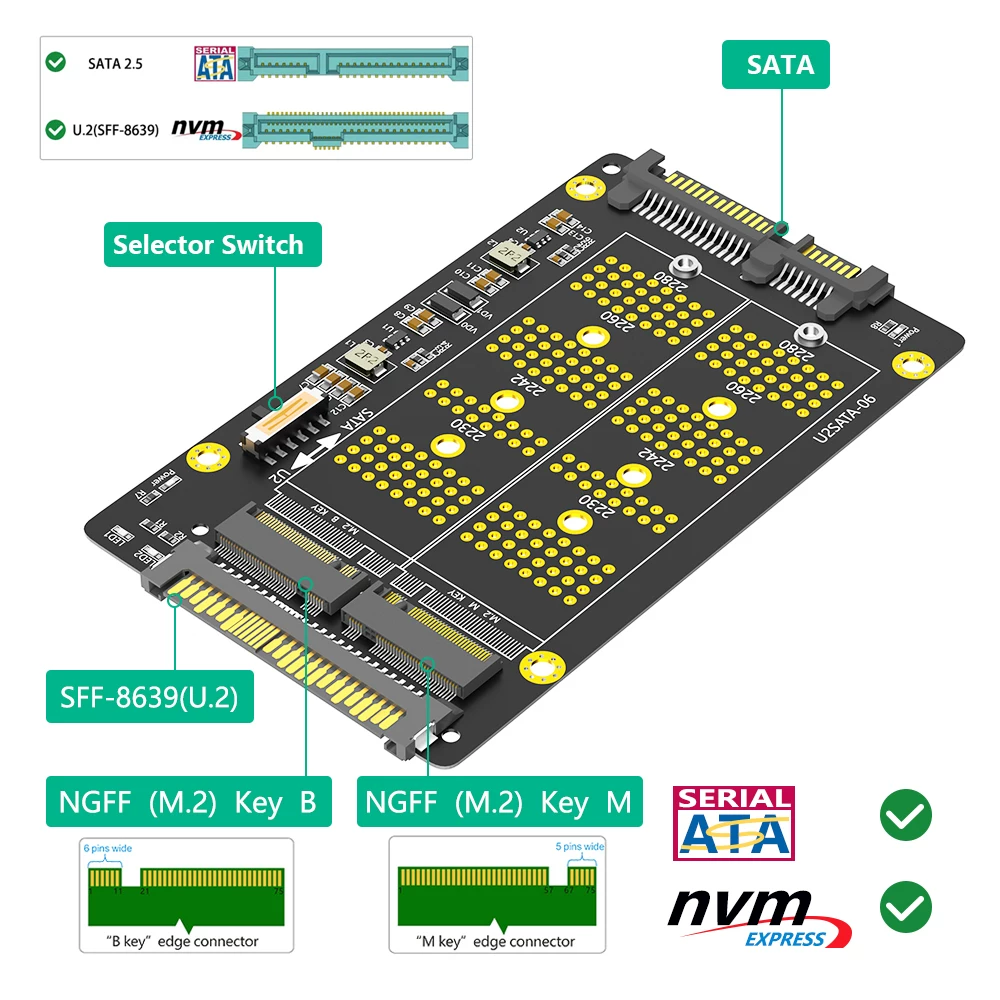 Thẻ chuyển đổi giao thức SATA 2 trong 1 M.2 NGFF NVME PCIE SSD sang U.2 SFF8639 SATA
