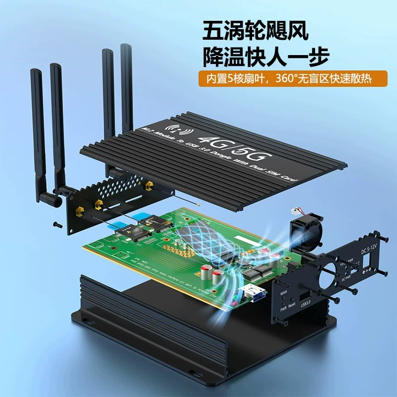 Bo mạch chuyển đổi M.2 Key B sang USB 3.0, khe cắm thẻ SIM kép 3G 4G 5G, 4 ăng-ten, kèm hộp và quạt