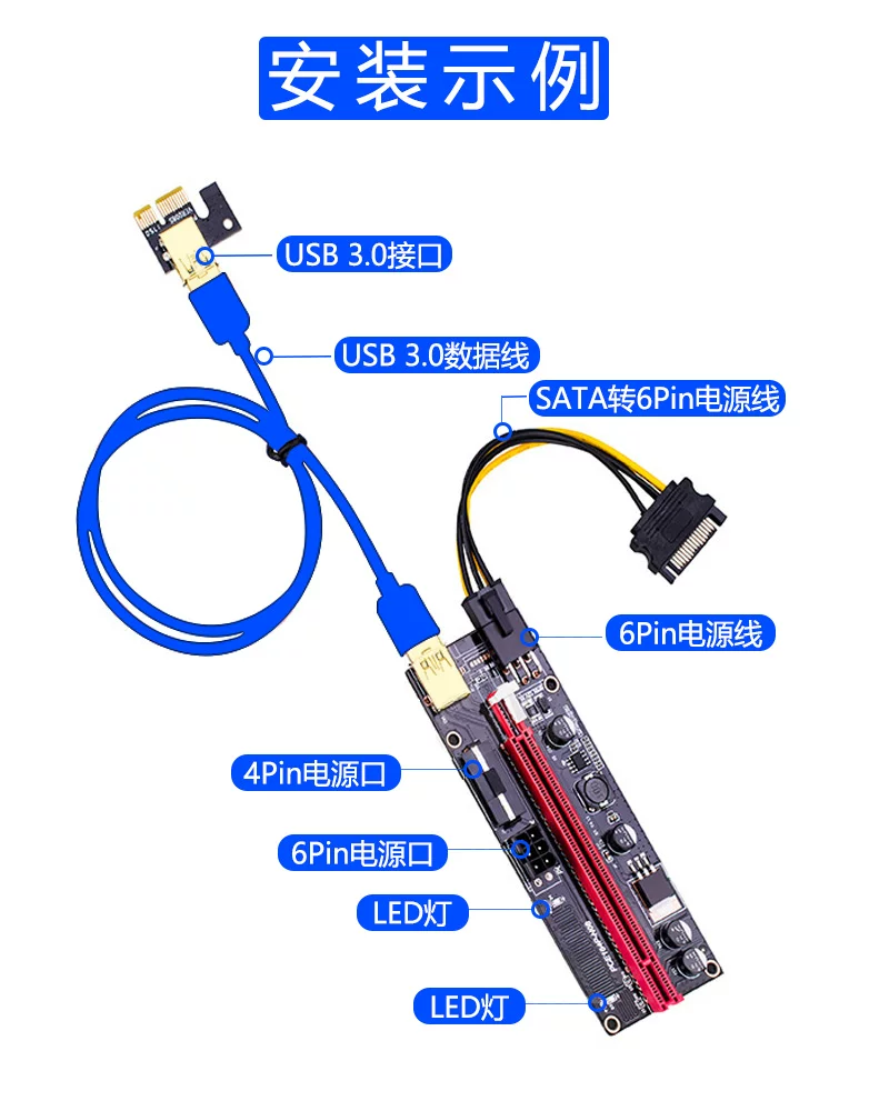Mẫu mạ vàng có đèn báo Cáp nối dài PCI-E 009S Cáp nối dài 1X đến 16X Cáp nối dài 16X đến 1X card đồ họa