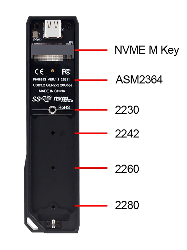 Vỏ ổ cứng thể rắn NVMe M.2 sang type-c, giao thức NVMe 20gbps, kết nối ngoài ASM2364 cho điện thoại di động và máy tính