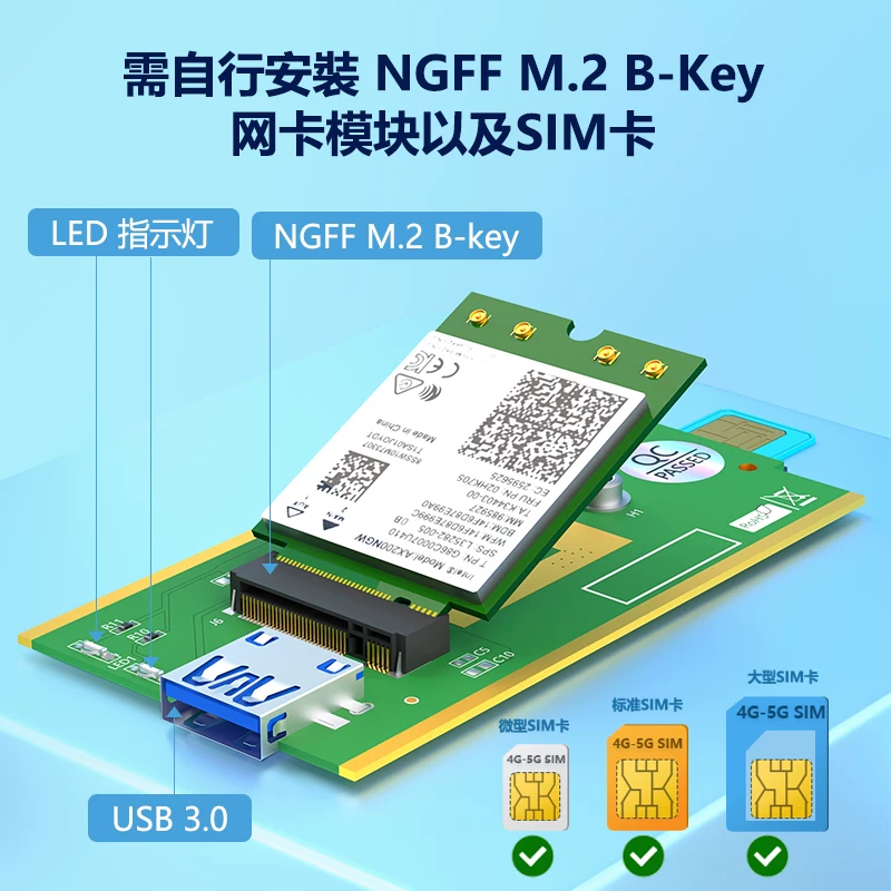 Bộ chuyển đổi M.2 KEY B sang USB3.0 có khe cắm thẻ SIM và hộp đựng mô-đun WWAN/3G 4G LTE